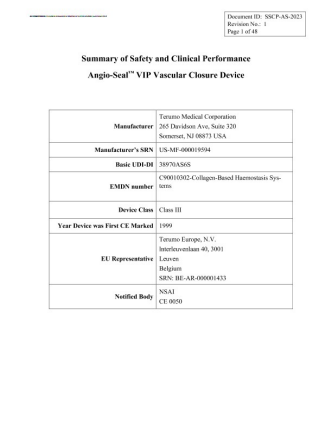 ANGIO-SEAL® Vascular Closure Devices Summary of Safety and Clinical Performance, Patients