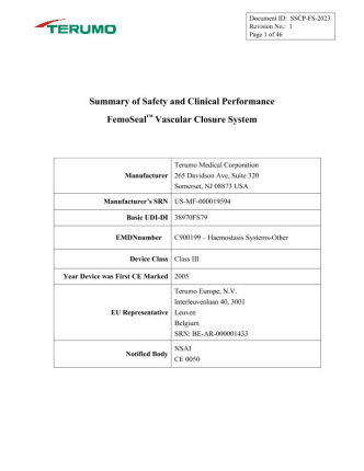 Résumé de la sécurité et des performances cliniques du système de fermeture vasculaire FemoSeal™, Médecins