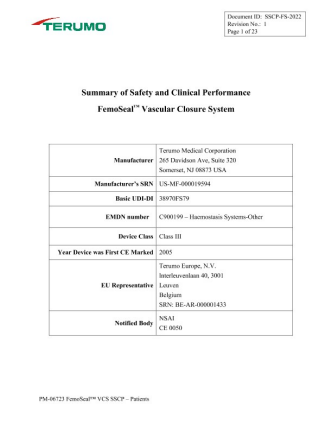 Rezumatul siguranței și performanțelor clinice a sistemului de închidere vasculară FemoSeal™, pacienți